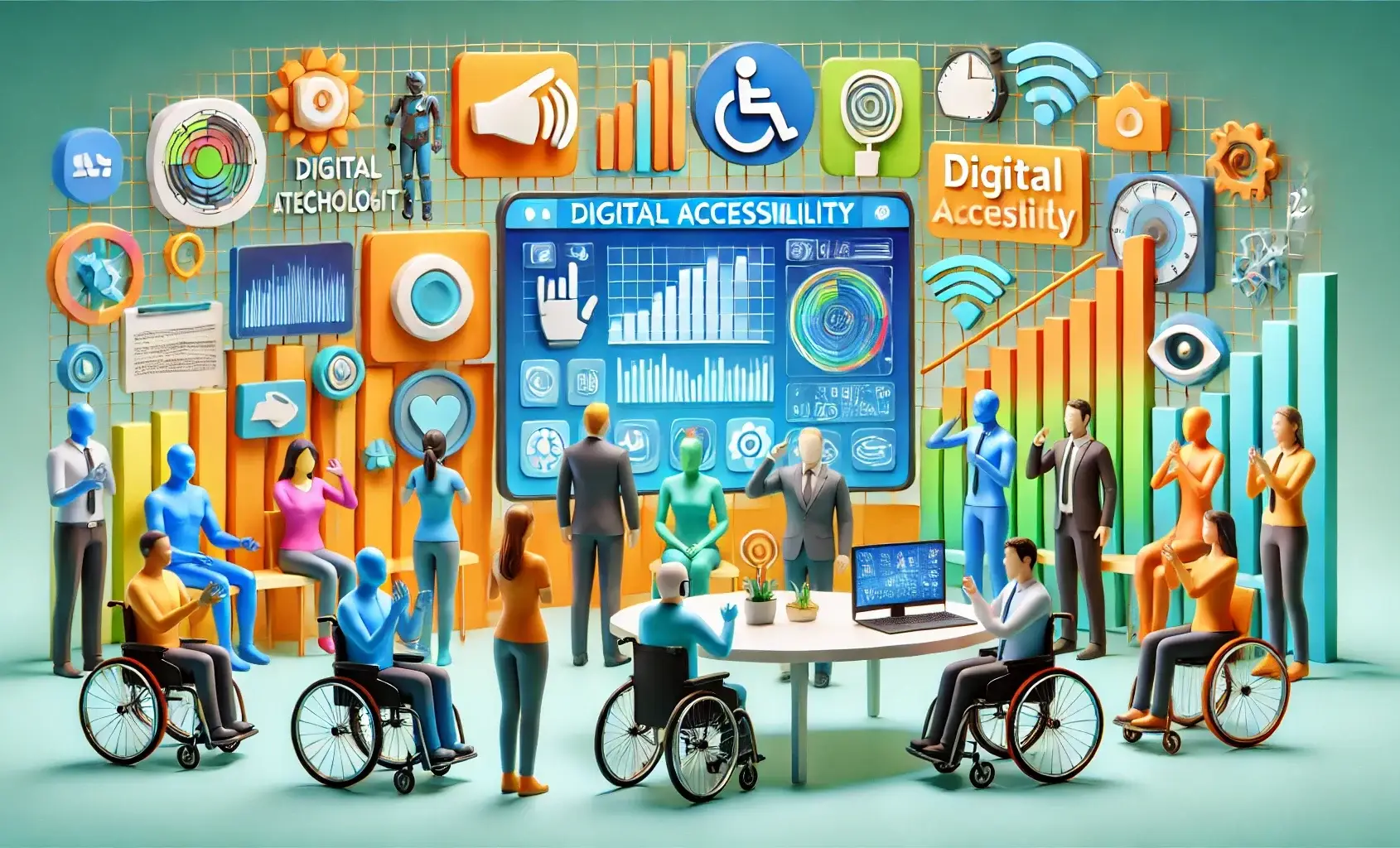 Illustration 3D colorée montrant l’accessibilité numérique, avec des personnes en situation de handicap utilisant une interface inclusive.