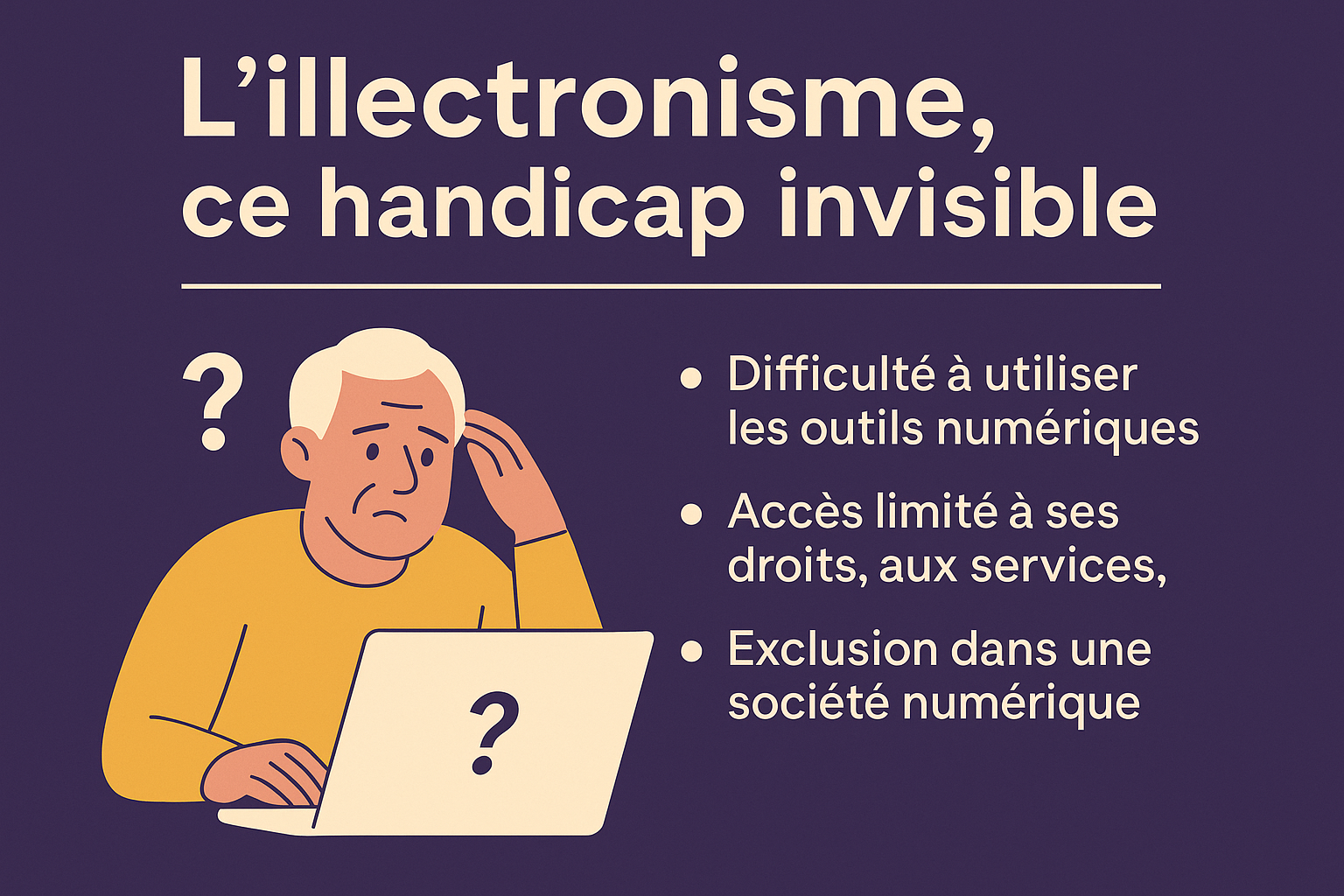 Infographie illustrant les causes, conséquences et solutions de l’illectronisme, avec une progression visuelle en trois étapes : comprendre, reconnaître, agir.